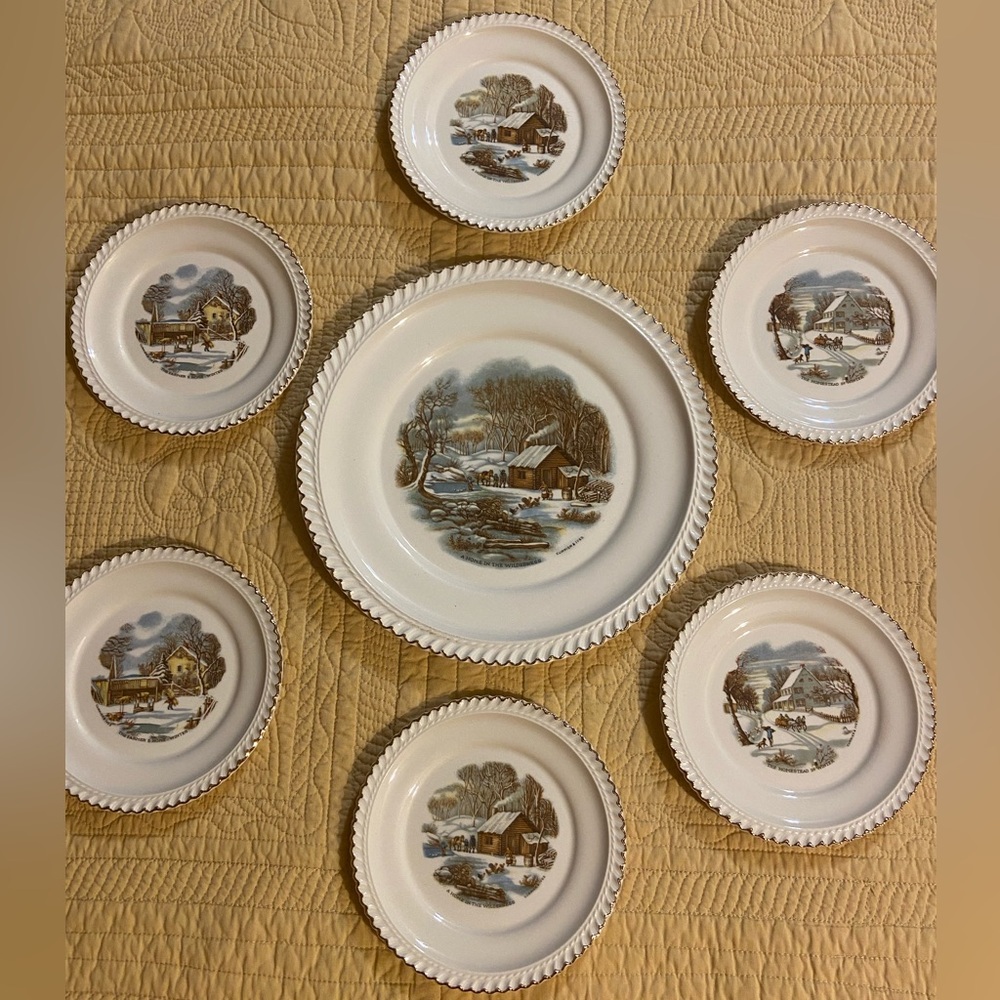 Currier & Ives Harkerware 10 1/2" Diam Serving Plate(1) , 6” Desert Plate (6)
